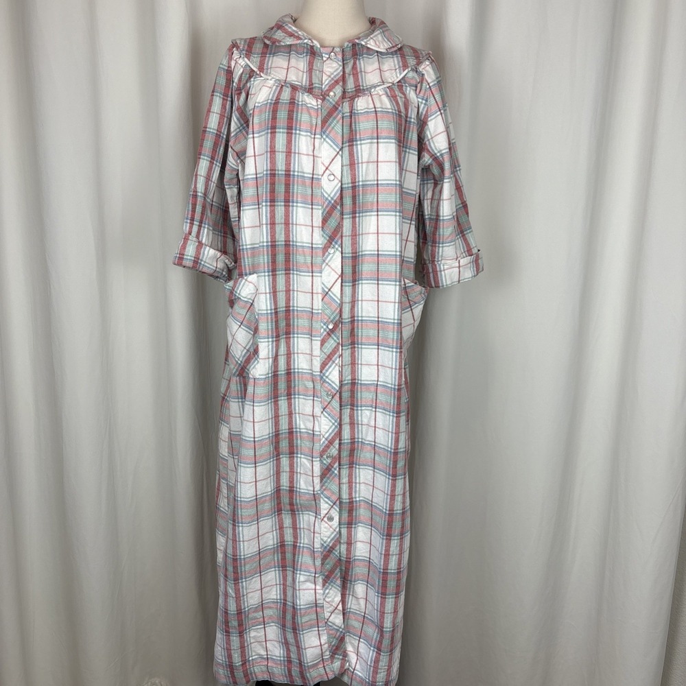 Vermont Country Store Women's M Cotton Robe Duster Peter Pan Collar Pearl Snap
